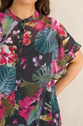 EVANS Curve Black Tropical Frill Sleeve Blouse | Evans 4