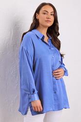 EVANS Plus Size Blue Metallic Button Through Shirt | Evans 1