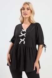 YOURS Plus Size Black Textured Bow Tie Front Top | Yours Clothing 3