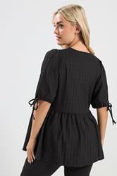 YOURS Plus Size Black Textured Bow Tie Front Top | Yours Clothing 2