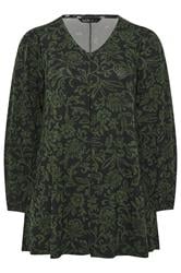 YOURS Curve Black & Green Floral Print Pleat Front Top