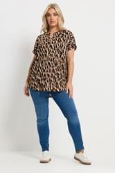 YOURS Plus Size Brown Textured Leopard Print Notch Neck Top | Yours Clothing 1