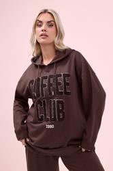 YOURS Plus Size Chocolate Brown 'Coffee Club' Slogan Hoodie | Yours Clothing 3