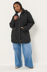 YOURS Plus Size Black Quilted Hooded Midi Coat | Yours Clothing 1