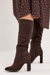 Brown Faux Suede Heeled Knee High Boots In Standard Fit | Yours Clothing 3
