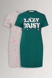 YOURSET Plus Size 2 PACK Green 'Lazy Daisy' Slogan Printed Nightdresses | Yours Clothing 3