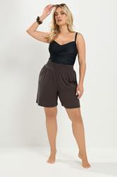 YOURS Plus Size Brown Shirred Waist Shorts | Yours Clothing 2