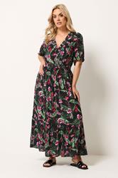 YOURS Plus Size Black Tropical Shirred Neck Maxi Dress | Yours Clothing 1