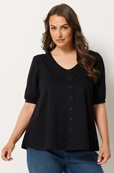 YOURS Plus Size Black Button Front Puff Sleeve Top | Yours Clothing  3