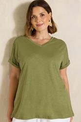 EVANS Plus Size Khaki Green Button Shoulder T-Shirt | Evans 3