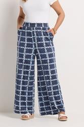 YOURS Plus Size Navy Blue Floral Check Trousers | Yours Clothing 1