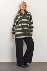 YOURS Plus Size Khaki Green Stripe Quarter Zip Jumper 1