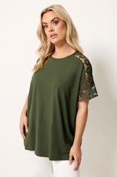 YOURS Curve Khaki Green Crochet Sleeve Boxy T-Shirt | Yours Clothing 3