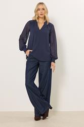 LTS Tall Women's Navy Blue Dobby Spot Shirred Cuff Top | Long Tall Sally 1