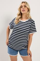 YOURS Curve Navy Blue Stripe Ringer T-Shirt | Yours Clothing 3