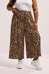 YOURS Plus Size Brown Animal Print Wide Leg Cropped Trousers | Yours Clothing 1