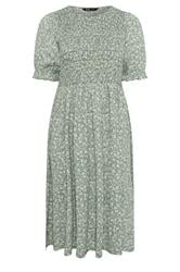 YOURS Curve Sage Green Shirred Ditsy Floral Dress
