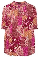 EVANS Curve Orange Paisley Pintuck Top
