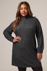YOURS Plus Size Charcoal Grey Zip Neck Ribbed Jumper Dress | Yours Clothing 3