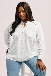YOURS Plus Size White Floral Embroidered Tie Neck Blouse | Yours Clothing 3