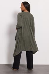 YOURS Plus Size Khaki Green Ribbed Midaxi Waterfall Cardigan | Yours Clothing 2