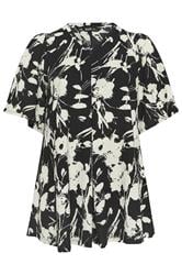 YOURS Curve Black Abstract Floral Pleat Front Top