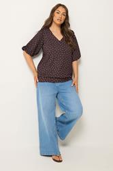 YOURS Plus Size Chocolate Brown Polka Dot Puff Sleeve Top | Yours Clothing 1