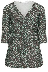 YOURS LONDON Curve Chocolate Brown & Green Polka Dot Knot Front Top