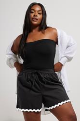 YOURS Curve Black Contrast Swirl Embroidered Hem Shorts | Yours Clothing 1