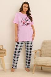 YOURS Plus Size Pink Gingham Bow Wide Leg Pyjama Set | Yours Clothing 1