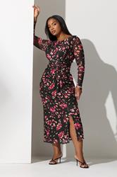 YOURS LONDON Plus Size Black Floral Mesh Side Knot Midi Dress | Yours Clothing 3