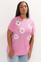 YOURS Plus Size Pink Applique Daisy T-Shirt | Yours Clothing 1