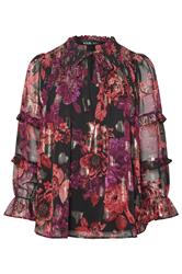 YOURS Plus Size Black & Pink Floral Metallic Tie Neck Blouse | Yours Clothing 6