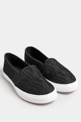 Black Broderie Anglaise Slip-On Trainers In Wide E Fit | Yours Clothing 1