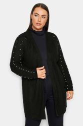 Evans Black Ribbed Knit Pearl Embellished Cardigan | Evans 1