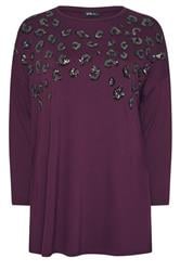 YOURS Curve Purple Leopard Sequin Long Sleeve Top