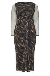 YOURS LONDON Curve Brown Zebra Mesh Side Knot Midi Dress