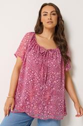 YOURS Curve Pink Geometric Ikat Print Pintuck Blouse | Yours Clothing 3