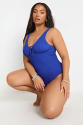 YOURS Plus Size Cobalt Blue Buckle Textured Swimsuit | Yours Clothing 2