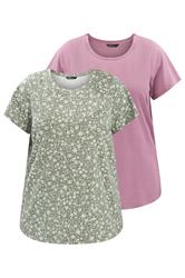 YOURSET 2 PACK Plus Size Sage Green & Pink Ditsy Floral T-Shirts | Yours Clothing 3