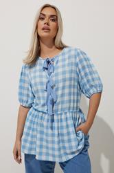 LIMITED COLLECTION Plus Size Blue Gingham Check Bow Tie Front Top | Yours Clothing 1