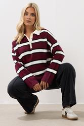 YOURS Plus Size Burgundy Red Striped Rugby Collar Jumper | Yours Clothing 3