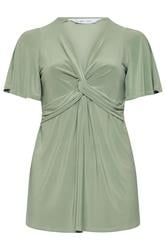 YOURS LONDON Curve Sage Green Knot Detail Front Short Sleeve Top