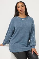 YOURS Plus Size Blue Pearl Embellished Jumper | Yours Clothing 3