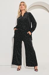 YOURS Plus Size Black Star Velour Wide Leg Trousers | Yours Clothing 1
