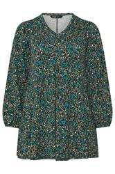 YOURS Curve Green & Blue Ditsy Floral Print Pleat Front Top