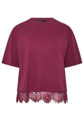 LIMITED COLLECTION Curve Burgundy Red Oversized Lace Hem T-Shirt
