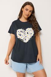 YOURS Plus Size Navy Daisy Heart Print T-Shirt | Yours Clothing 3