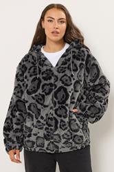 YOURS Plus Size Grey Leopard Print Faux Fur Hooded Jacket | Yours Clothing 3