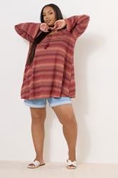 YOURS Plus Size Rust Orange Metallic Zig Zag Tie Neck Tunic Top | Yours Clothing 2